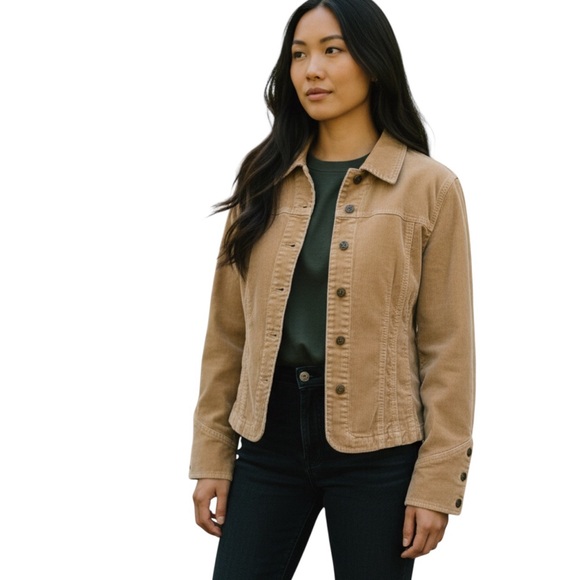 Ami Jackets & Blazers - Ami Womens Tan Corduroy Button-Front Trucker Jacket